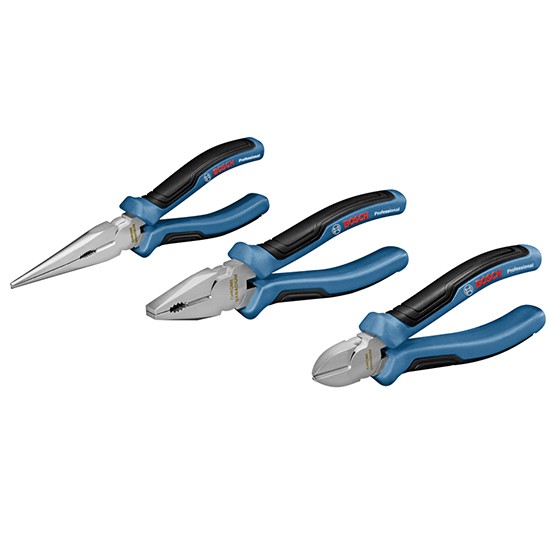 Bosch Professional Plier Set (1x 200mm Long Nose, 1x 180mm Combination, 1x 160mm Diagonal Cutter & Carton)
