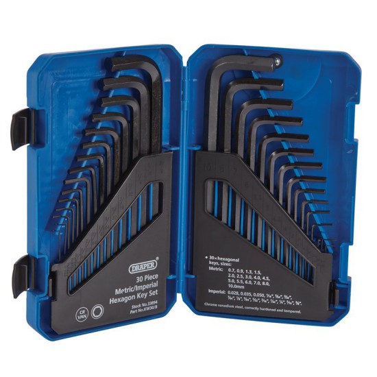 Draper 33894 Metric/Imperial Combined Long Pattern Hexagon Key Set - 30 Piece