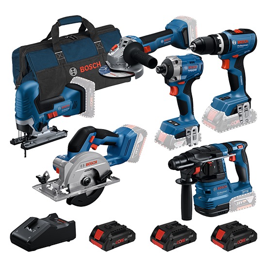 Bosch 0615A5008C 18V 6-Piece Tool Kit c/w 3 x 4Ah ProCore 18V Batteries, Charger & Carry Bag