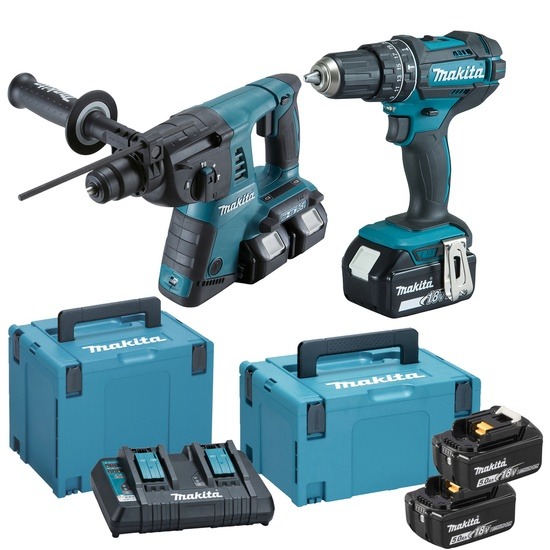 Makita DLX2137PTJ 18V LXT Twin Kit - DHP482 Combi Drill + DHR263 Rotary Hammer Drill c/w 4 x 5ah Batteries & Twin Rapid Charger