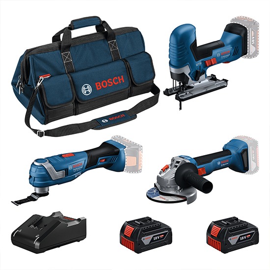 Bosch Professional 18V 3-Piece Combo Kit inc. GST 18V-125 S, GWS 18V-8, GOP 18V-34, 2 x 5.0Ah, GAL 18V-40 & M-Bag