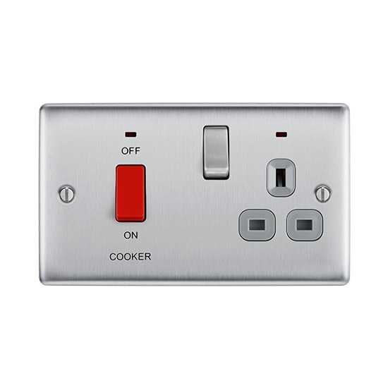 BG NBS70G Nexus Metal Switch 45 Amp Double Pole with 13 Amp LED Socket - Brushed Steel