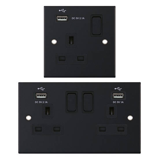 LGA Selectric Matt Black - Black Insert 13amp socket with USB Outlet