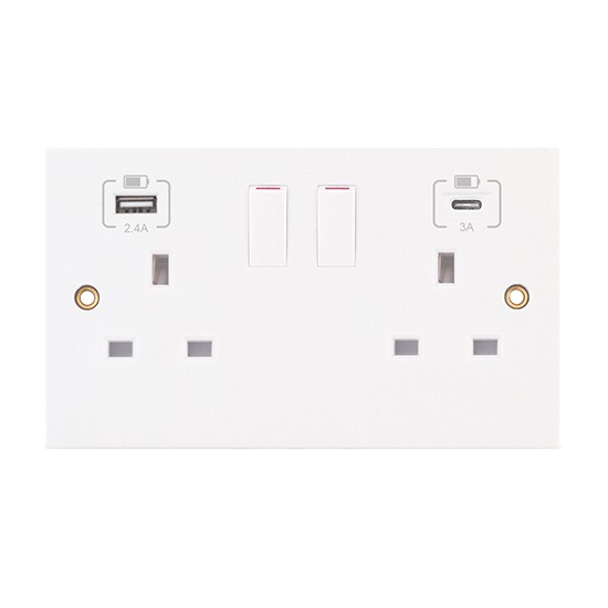 LGA SQ-USB-5 2 Gang Switched  socket with 1 x USB Type A & 1 x USB Type C  (2.4A / 3A) Square Edge