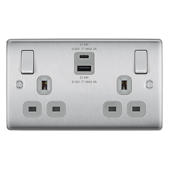 BG Electrical NBS22UAC45G-01 Brushed Steel Double Switched 13A 2 Gang Socket With USB A+C