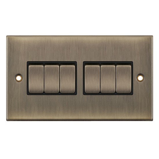 LGA Selectric DSL605 10A X-Rated 6-Gang 2-Way Antique Brass inc. Black Insert Plate Switch