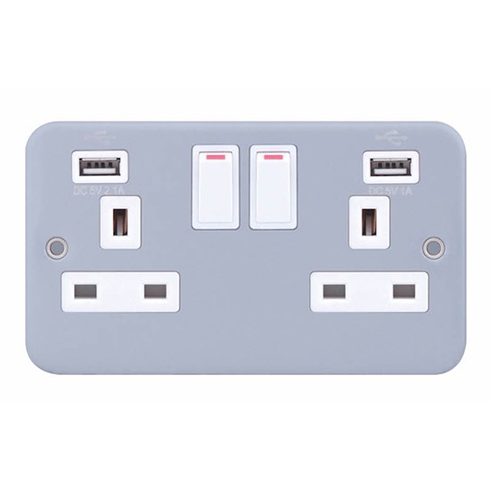 LGA 13A 2-Gang Switched Outlet with 2 x USB Type A Ports (2.1A / 1A)