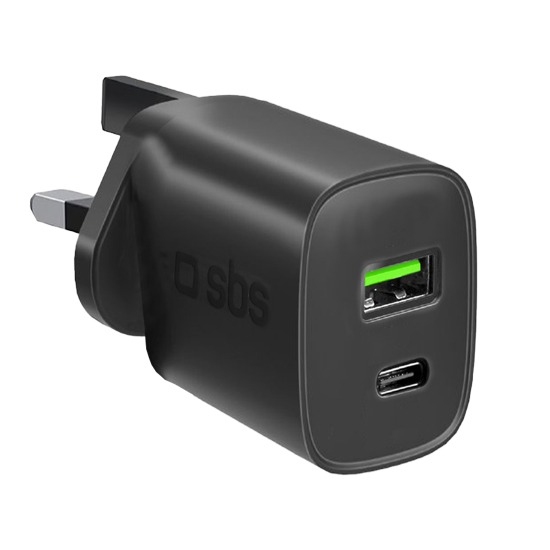 SBS Black TETRPD25WUK 25W Type C + USB A UK Plug Wall Charger