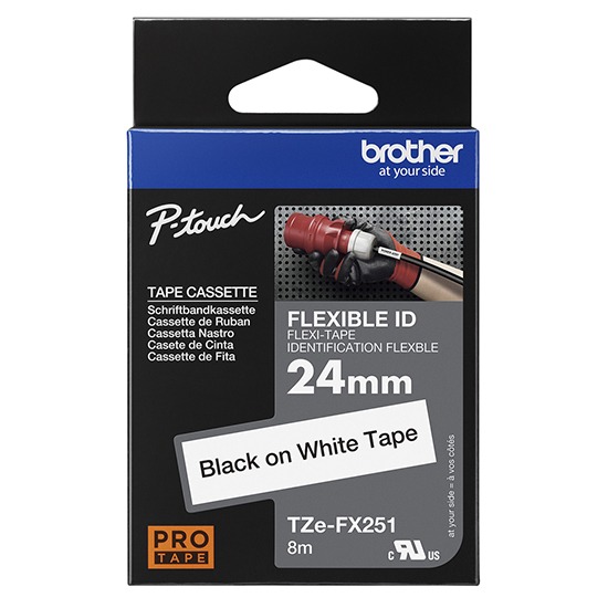 Brother TZEFX251 Black-on-White Labelling Flexi-Tape in Cassette - 8 Metres x 24mm