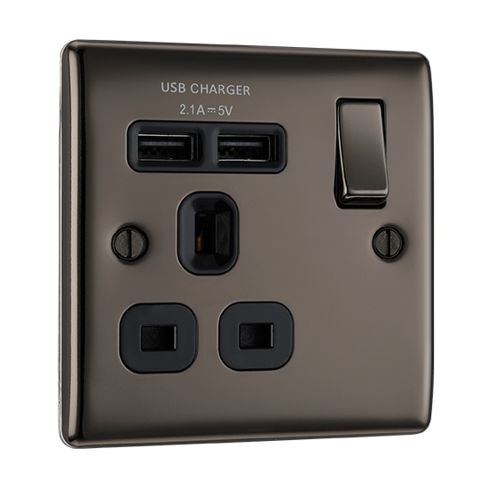 BG Electrical NBN21U2B-01 Black Nickel 13A Single Socket with USB A+A 2.1A / 5V