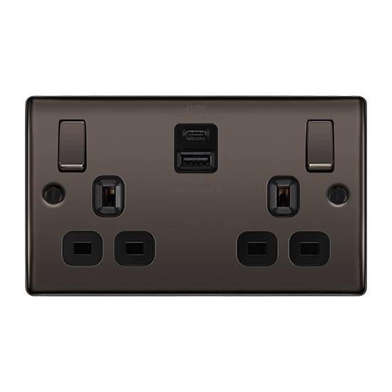 BG Electrical NBN22UAC22B-01 Black Nickel 13A Double Socket with 22W USB A+C