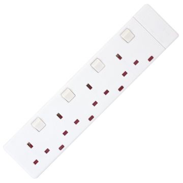 13A Trailing Socket + Neon - Individually Switched - White - 4 Gang