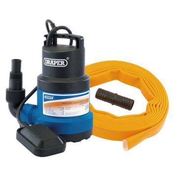 Draper 61815 Submersible Clear Water Pump Kit with Layflat Hose & Adaptor - 125L/Min - 5m x 25mm - 350W