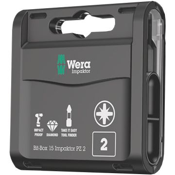 Wera 057763 PZ2 Impaktor Bits (Box of 15) with 057675 Tri-Torsion Bit Holder