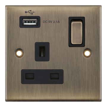 LGA Selectric Antique Brass with Black Insert 13 Amp Switched Socket with USB Outlet