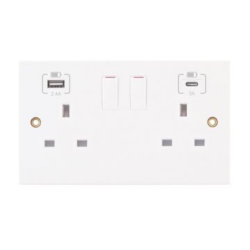 LGA SQ-USB-5 2 Gang Switched  socket with 1 x USB Type A & 1 x USB Type C  (2.4A / 3A) Square Edge