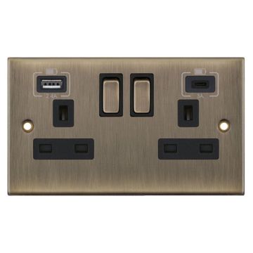 LGA DSL663 Antique Brass, Black Insert 2 gang switched with 1 usb type A and 1 usb type C