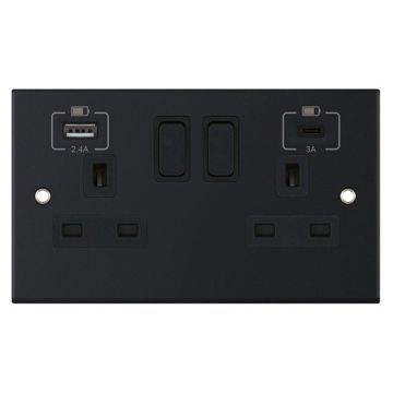 LGA Selectric DSL11-63 Matt Black with Black Insert 2 Gang 13 Amp Switched Socket with 1 USB Type A and 1 USB Type C