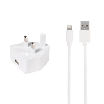 USB White 2.4A Mains Charger With 1.2 Metre Lightning Cable