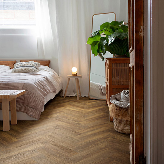 Elka Rigid Herringbone Vinyl with Underlay - 630 x 126 x 6mm (10 Pack) - Texas Oak Dark Brown