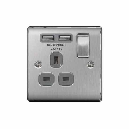 BG NBS21U2G 1 Gang Brushed Chrome Switched Socket with USB