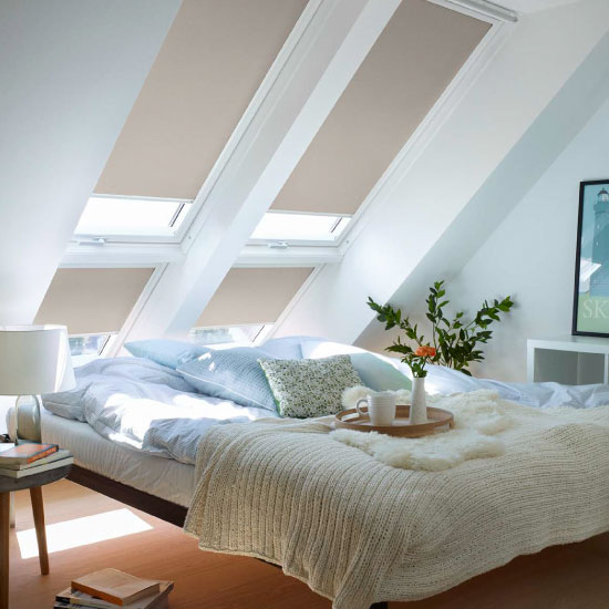 Velux DML Mains Electric INTEGRA Blackout Blind - White Aluminium Trim - Open Bedroom Blinds
