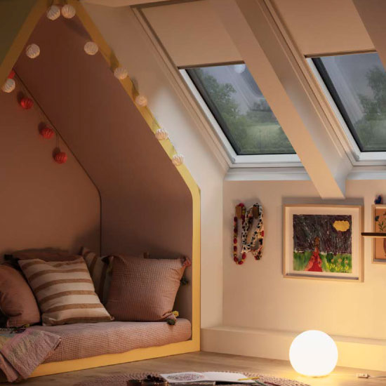 Velux DSL Solar Powered INTEGRA Blackout Blind - White Aluminium Trim - Open Blind in Child's Bedroom at Dusk