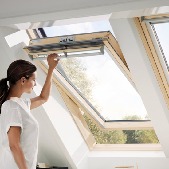 Velux GGL 3070 Clear Laminated Glazed Pine Centre Pivot Roof Window - Opened