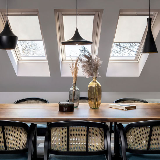 Velux RFL Manual Translucent Roller Blind - Brushed Aluminium Trim - Dining Room